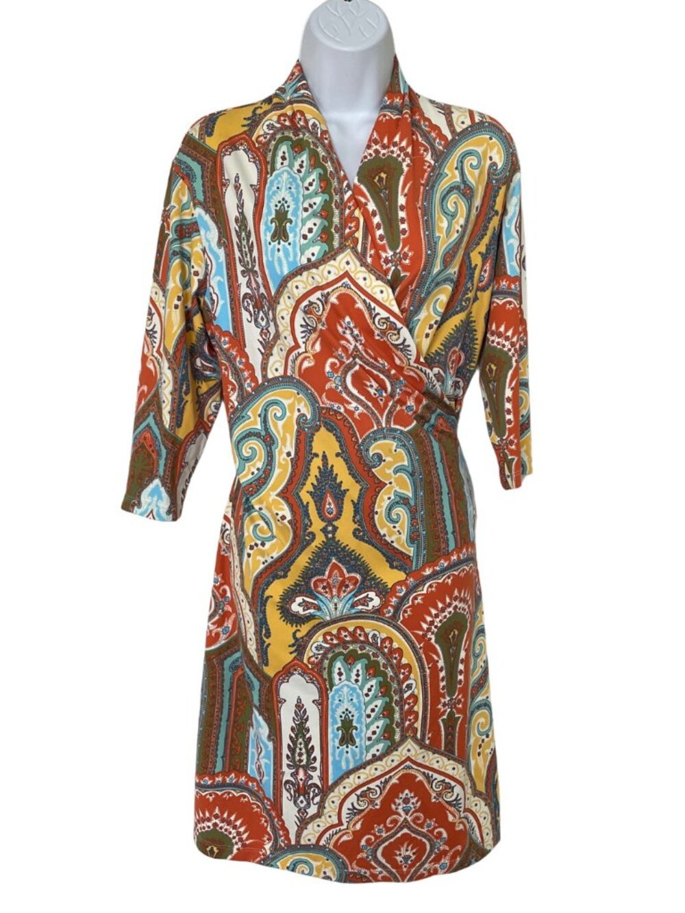 J. McLaughlin Catalina Cloth Faux Wrap Dress Sz M Paisley Print Orange Yellow
